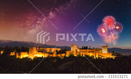 Night view of the Alhambra, a World Heritage Site in Granada 133513271