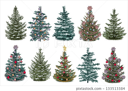 Set with Christmas green trees . Christmas design elements. Hand drawn vector illustration. Set with Christmas green trees . Christmas design elements. Hand drawn vector illustration. 133513384
