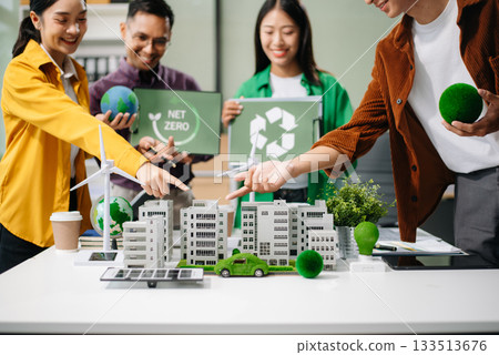 Sustainable innovation by young professionals for a greener future. Showcasing renewable energy solutions with solar panels, wind 133513676