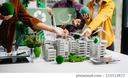 Sustainable innovation by young professionals for a greener future. Showcasing renewable energy solutions with solar panels, wind 133513677