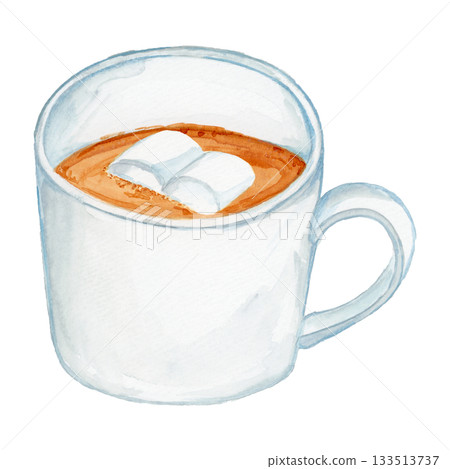 Hand drawn watercolor white mug of cocoa with marshmallows 133513737