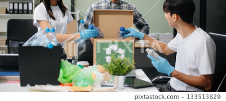 Eco-friendly teamwork with this office recycling scene. Perfect for showcasing sustainability, collaboration, Eco-friendly teamwork with this office recycling scene. Perfect for showcasing sustainability, collaboration, 133513829