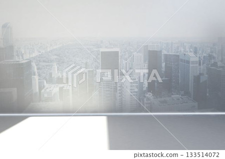 Flat design interior showing gray floor and full-height glass wall revealing city skyline and park Flat design interior showing gray floor and full-height glass wall revealing city skyline and park 133514072