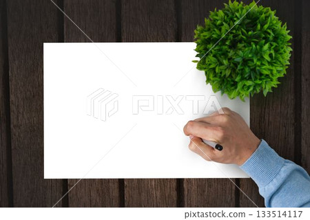 Flat design is showing hand holding black pen over blank paper on wooden tabletop with plant Flat design is showing hand holding black pen over blank paper on wooden tabletop with plant 133514117