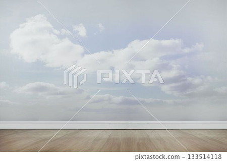 Cloud mural is covering blue wall above white baseboard in flat design space with wooden floor Cloud mural is covering blue wall above white baseboard in flat design space with wooden floor 133514118