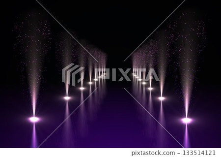 Parallel purple spotlights are forming glowing columns in 3D render, reflecting on purple floor 133514121