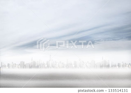 Grayscale flat design city skyline is reflecting across calm water, with foggy layers 133514131