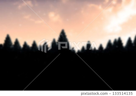 Conifer treeline silhouette is stretching across flat design woodland scene, with pastel dusk sky 133514135
