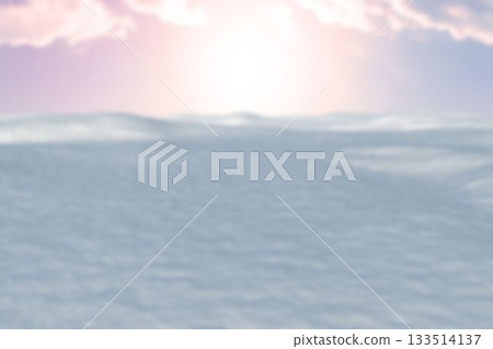 Flat design illustration is depicting open snowfield under pastel sky with sun casting pink light 133514137