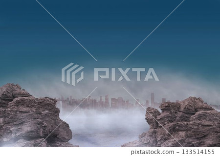 Flat vector art is showing rocks flanking foggy water, revealing distant skyline under gradient sky 133514155