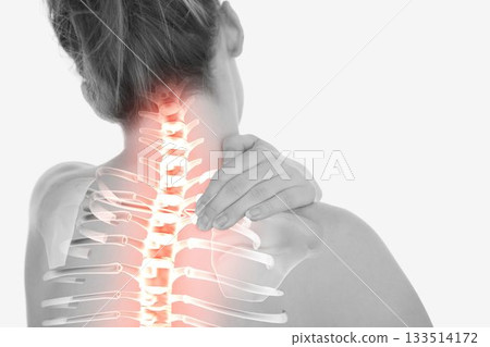 Highlighted spine of woman with back pain Highlighted spine of woman with back pain 133514172