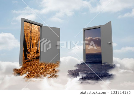 Open doors in sky with trees and sea Open doors in sky with trees and sea 133514185