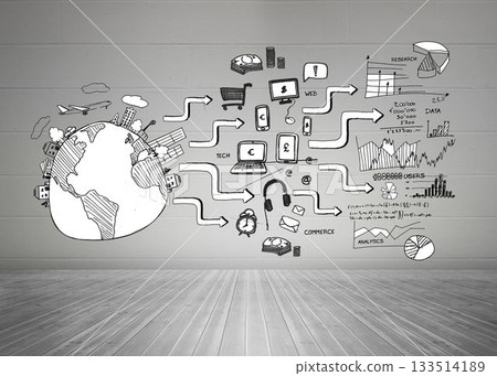 Black white graphic in room with floorboards 133514189