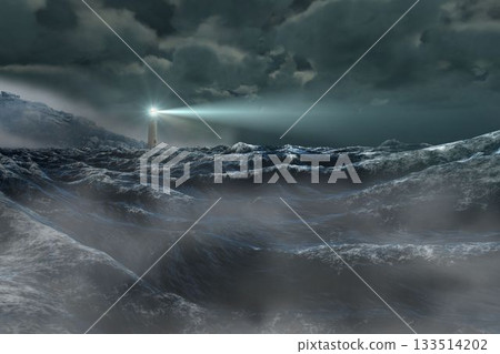 Stormy sea with lighthouse 133514202