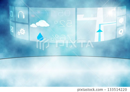 Floating translucent panel showing calendar, headphones, mail, weather, map, chat icons on base 133514220