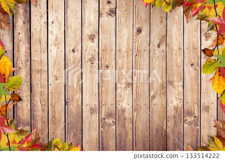 Decorative flat design wooden tabletop showing natural grain and knots, with autumn leaves border Decorative flat design wooden tabletop showing natural grain and knots, with autumn leaves border 133514222