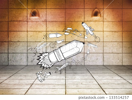 Drawn pencil rocket in 3d room Drawn pencil rocket in 3d room 133514257