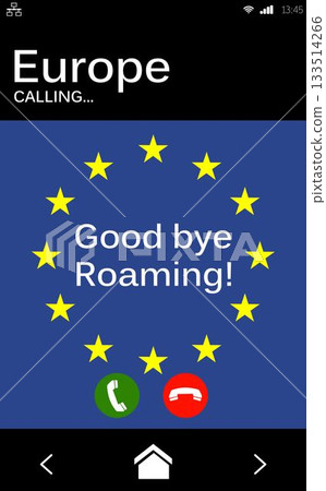 Good bye roaming text and European Union flag on mobile screen 133514266
