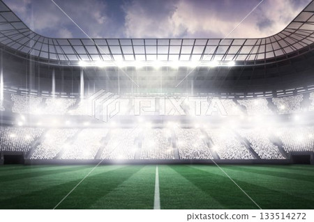 Green striped grass pitch with white center line is glowing in flat design arena with floodlights 133514272