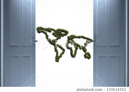 Topiary of world map seen through open door 133514352