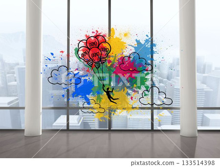 Light bulb balloons in room with big windows 133514398