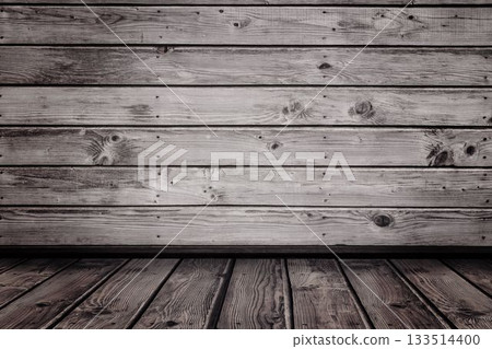 Distressed rustic wooden floor and wall planks are converging in flat design, copy space Distressed rustic wooden floor and wall planks are converging in flat design, copy space 133514400