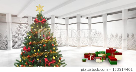 Flat design Christmas tree is standing in hall with glass panels showing forest view, wrapped gifts Flat design Christmas tree is standing in hall with glass panels showing forest view, wrapped gifts 133514401