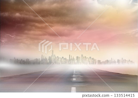 Asphalt road is showing white line toward foggy skyline under stormy sky with lightning, flat style Asphalt road is showing white line toward foggy skyline under stormy sky with lightning, flat style 133514415