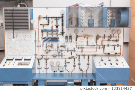 Mechanical training panel is showing copper pipes, gauges, consoles, clear housings in flat design 133514427