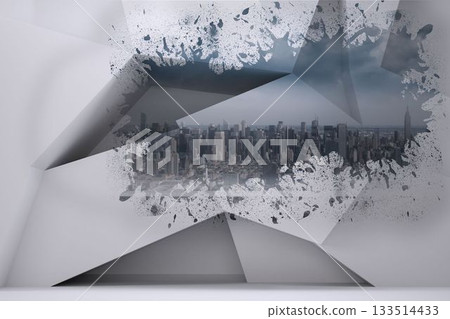 Abstract paint-splatter opening is revealing city skyline in minimalist gallery with angular panels 133514433