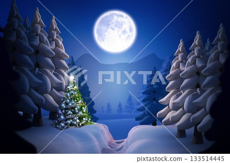 Flat design Christmas tree is glowing with lights star topper under full moon in snowy clearing Flat design Christmas tree is glowing with lights star topper under full moon in snowy clearing 133514445