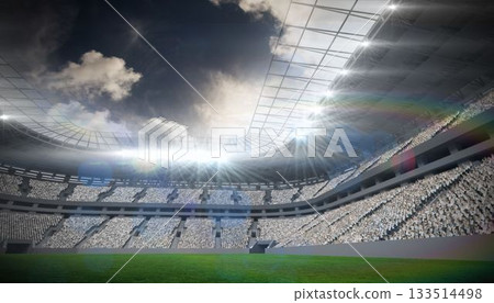 Flat design stadium interior is showing green grass field, tiered seats, lights, open roof 133514498
