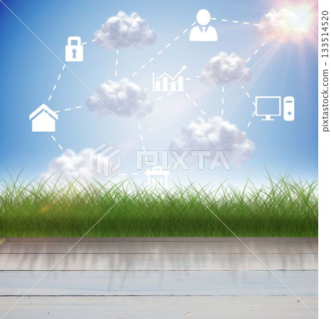 Flat outdoor design is showing stylized cloud network linking tech icons with white dashed lines 133514520