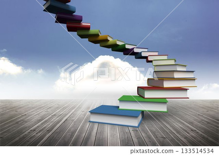 Spiraling staircase of colorful hardcover books is rising over wood deck into clear sky flat design Spiraling staircase of colorful hardcover books is rising over wood deck into clear sky flat design 133514534