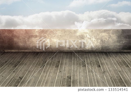 Flat design rooftop deck is showing weathered wooden planks and low brick wall under fluffy clouds Flat design rooftop deck is showing weathered wooden planks and low brick wall under fluffy clouds 133514541