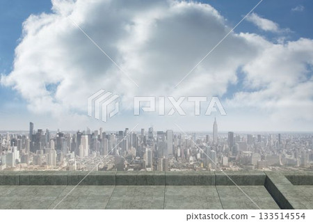 Skyscraper rooftop view in flat design is showing tile floor with glass railing framing spire tower Skyscraper rooftop view in flat design is showing tile floor with glass railing framing spire tower 133514554