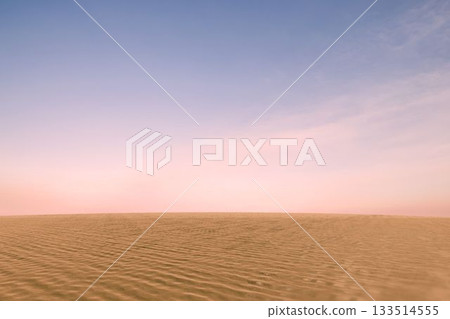 Flat design illustration is depicting rippled sand dunes stretching below soft pastel dawn sky 133514555