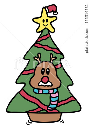 Hand drawn Christmas illustration of reindeer wearing Christmas tree costume for decoration, festive winter season, sticker, animal, souvenir shop, cartoon character, mascot, standee, card print, icon Hand drawn Christmas illustration of reindeer wearing Christmas tree costume for decoration, festive winter season, sticker, animal, souvenir shop, cartoon character, mascot, standee, card print, icon 133514581