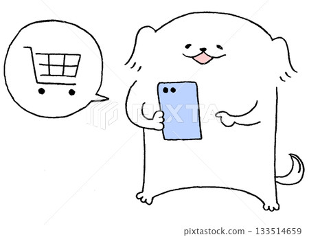 A dog shopping online on a smartphone A dog shopping online on a smartphone 133514659
