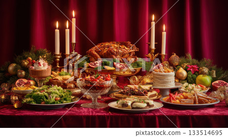 Festive holiday dinner table with roasted turkey, candles, desserts, and colorful decorations creating warm atmosphere 133514695