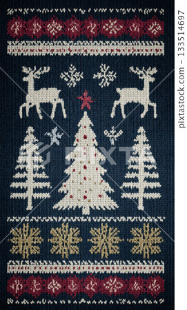 Christmas sweater pattern with reindeer, snowflakes, and decorated tree in red, white, and gold on navy blue knit fabric 133514697