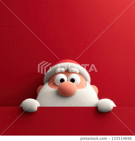 Santa Claus cartoon character with white beard and red hat peeking over red surface with curious eyes 133514698