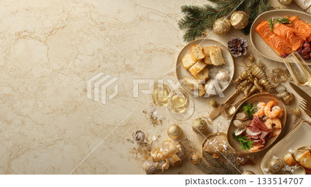 Festive seafood and bread spread with golden decorations and champagne glasses on marble surface for celebration Festive seafood and bread spread with golden decorations and champagne glasses on marble surface for celebration 133514707