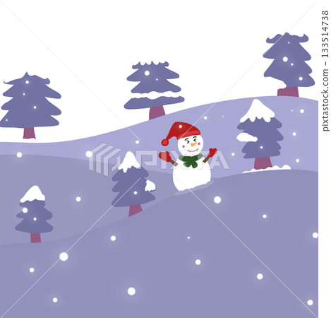 Winter landscape illustration features a happy snowman wearing a red hat and mittens, standing in a snowy forest surrounded by soft purple hills and snow covered trees. Winter landscape illustration features a happy snowman wearing a red hat and mittens, standing in a snowy forest surrounded by soft purple hills and snow covered trees. 133514738