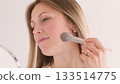 Feminine visage. Natural makeup. Attractive confident female using brush to apply powder on face skin looking in mirror on white. 133514775