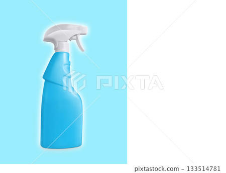 Isolated blue spray bottle on white and blue background. There is space for text. 133514781