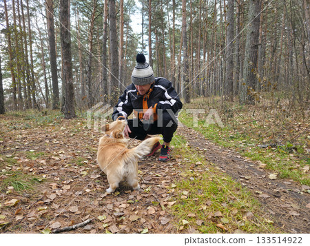 Man Playing with Corgi Dog in Autumn Forest 133514922