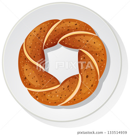 Traditional Turkish Simit Bread on White Plate Vector Traditional Turkish Simit Bread on White Plate Vector 133514939