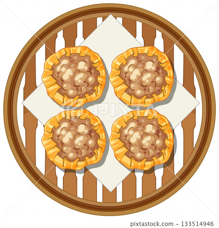 Top View of Steamed Asian Dumplings in Bamboo Basket Top View of Steamed Asian Dumplings in Bamboo Basket 133514946