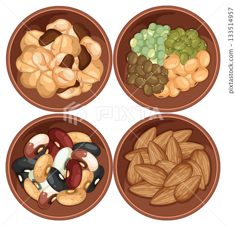 Assorted Beans and Nuts in Four Ceramic Bowls 133514957